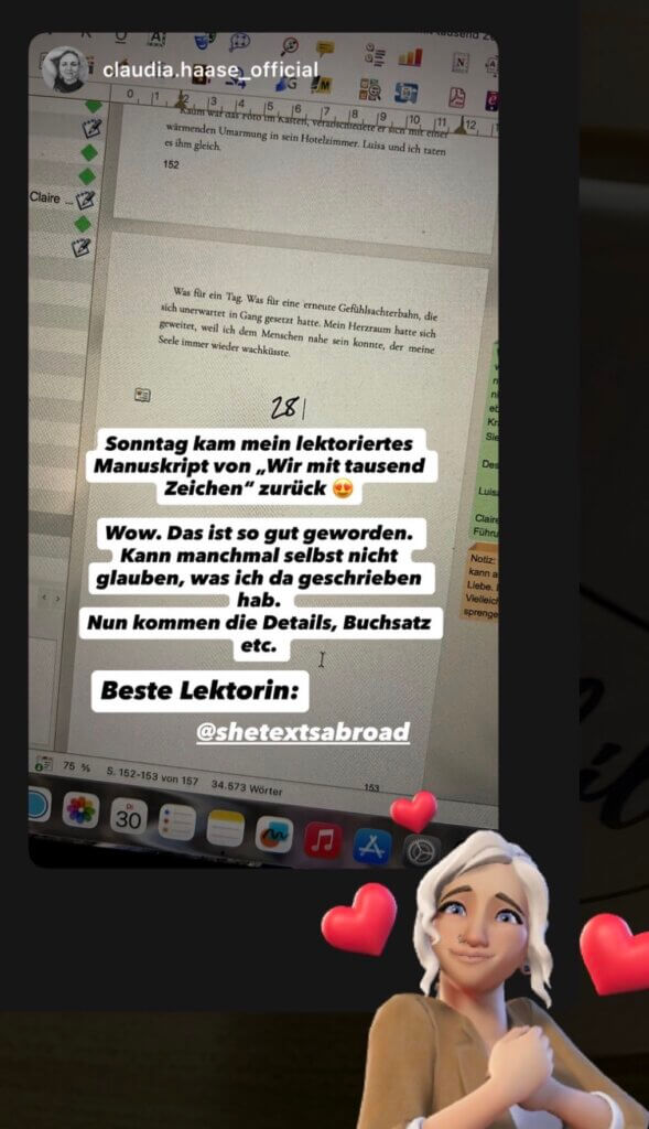 Screenshot Instagram-Story Feedback von Claudia zu meinem Lektorat ihres Entwicklungsromans – Schluss